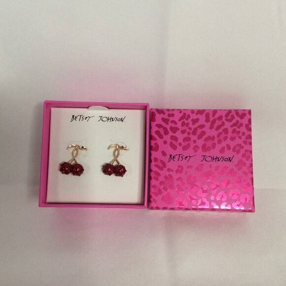 NIB BETSEY JOHNSON GOLD TONE RED CHERRY STUD EARRINGS - Picture 2 of 6